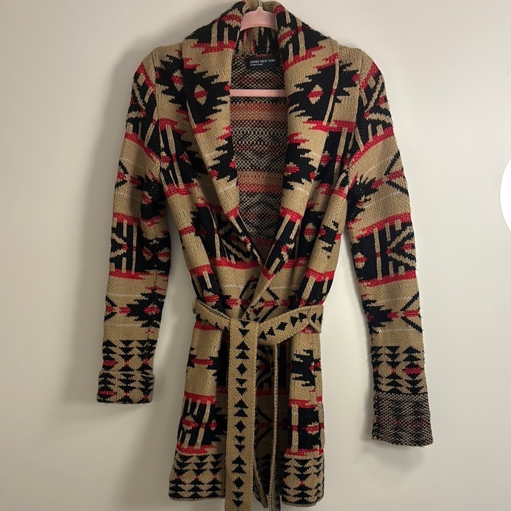 Jones New York Black and Tan Wrap Cardigan with Geometric Pattern